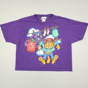 Vintage Garfield Shirt Women Small Purple Cropped T-Shirt Graphic Jerry Leigh
